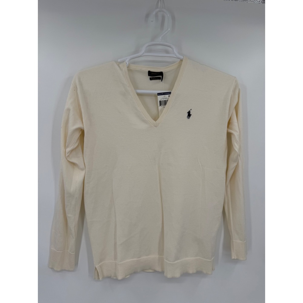 Polo Ralph Lauren Pima Cotton V-Neck Sweater Cream Navy Pony Small 211719841010